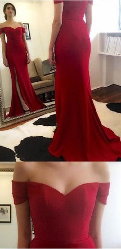 Charming Red Velvet Off Shoulder Long Evening Gowns, Red Slit Prom Dresses, Red Party Gowns