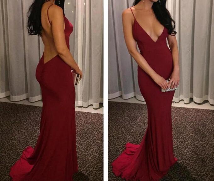 Style Sexy Spaghetti Straps Burgundy Backless Mermaid Prom Dresses 2017, Mermaid Evening Gowns, Burgundy Formal Dresses