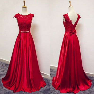 Red Lace And Satin V Back Long Prom Dresses, Red Formal Gowns, Evening Dresses 2018