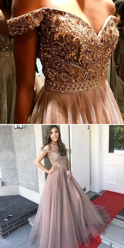 Gorgeous Off The Shoulder Prom Dress, Beading Long Prom Dress, Champagne Tulle Prom Dress