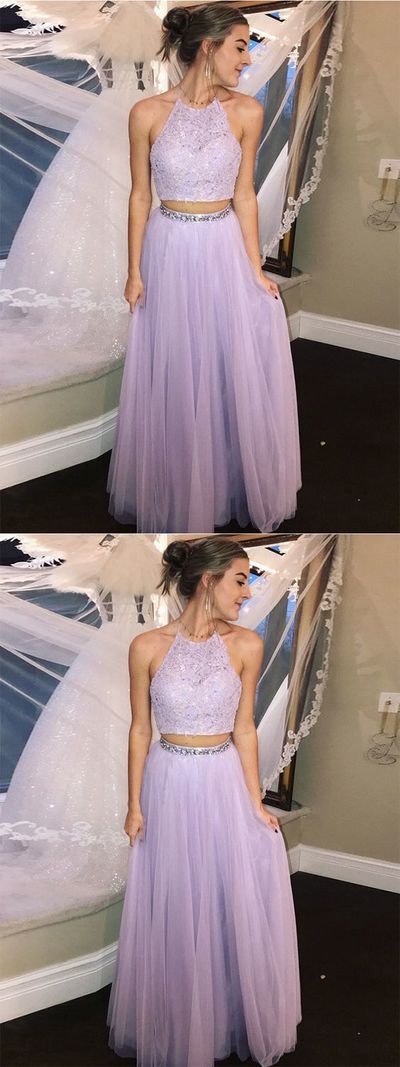 Two Piece Prom Dress, Halter Long Prom Dress, Modest Tulle Prom Dress, Simple Prom Dress