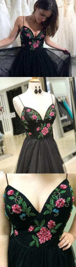 Sexy Beading Prom Dress,a-line Straps Black Prom Dress,chiffon Prom Dress,long Prom Dress, Beaded Floral Long Prom Dress, Party Dress