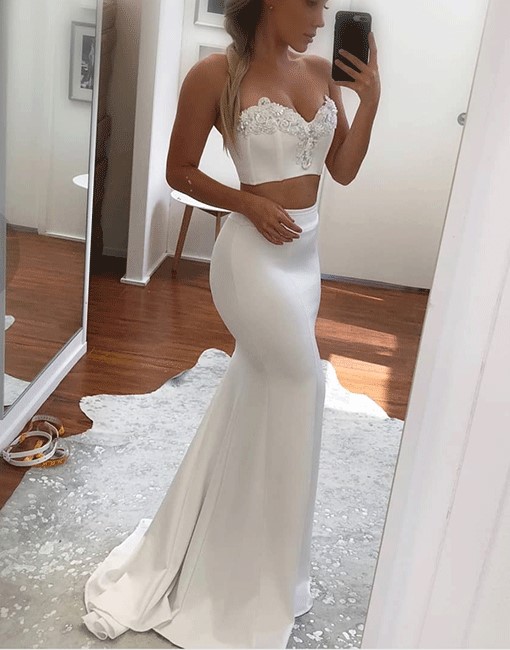 White Sweetheart Two Piece Mermaid Prom Dress,applique White Evening Dress