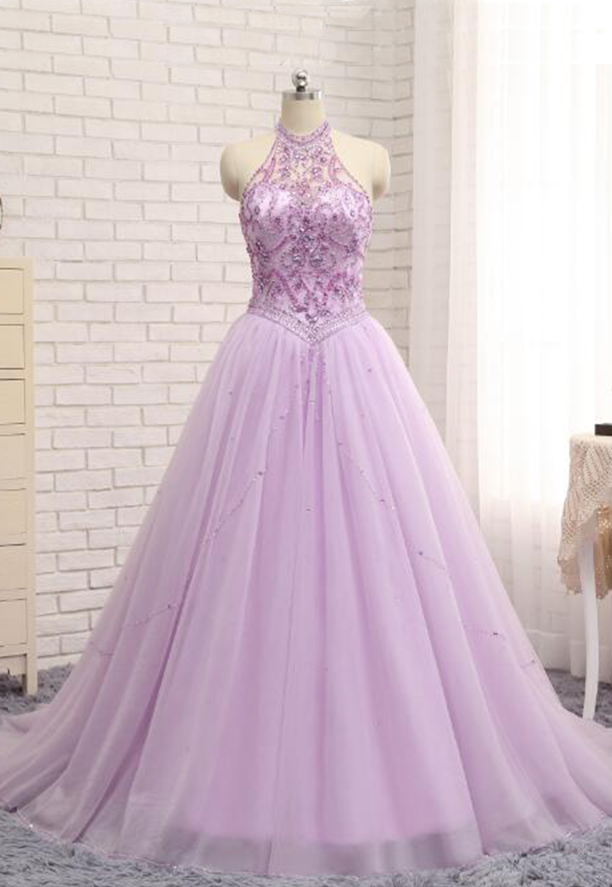 Princess Lavender Prom Dresses,tulle Crystal Long Halter Prom Dress, Beading Long Evening Dresses