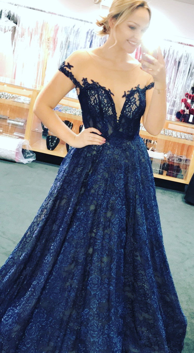 Appliques Lace Evening Dress, Sexy Blue Long Prom Dress, Formal Prom Dresses