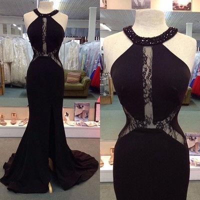 Sexy Mermaid Black Halter Lace Long Prom Dress, Evening Dress