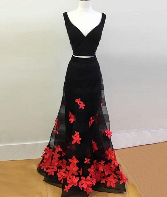 Black Two-piece Formal Dress Featuring Plunge V Sleeveless Top And Red Floral Appliques Floor Length Tulle Skirt, Prom Dress