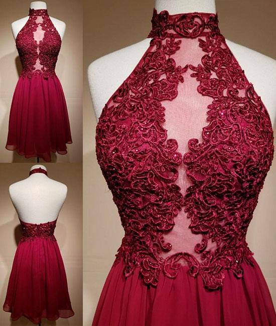 Burgundy Lace Appliques Mesh High Halter Neck Short Chiffon Homecoming Dress Featuring Open Back, Formal Dress