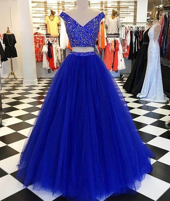 Charming V-neck Beaded Two Piece Long Prom Dress,tulle Evening Dress