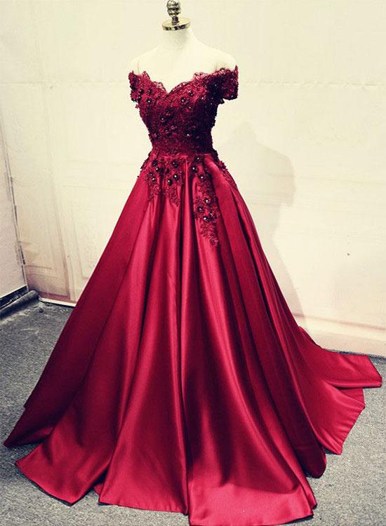 Burgundy Lace Off Shoulder Satin Prom Dress,lace Beaded Long Evening Dress,2018 Formal Prom Gowns