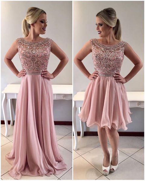 Pink Scoop Neck Crystals Beaded Prom Dress,a-line Chiffon Homecoming Dresses