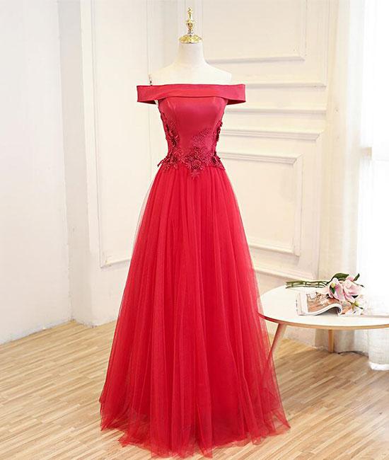 Elegant Red Applique Off The Shoulder Prom Dress,red Tulle Evening Dresses