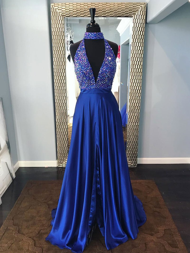 Stunning Royal Blue High Neck Prom Dress With Rhinestones,royal Blue Split Formal Dress