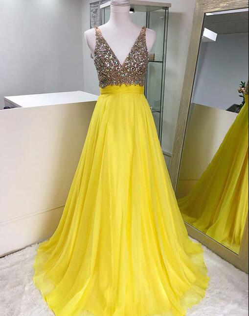 Stunning Yellow V-neck Rhinestones Prom Dress,straps Chiffon Evening Dress