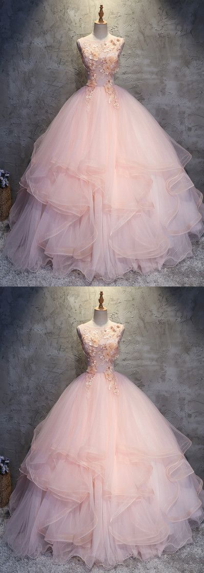 Fashion Pink Round Neck A-line Tulle Long Prom Evening Dress