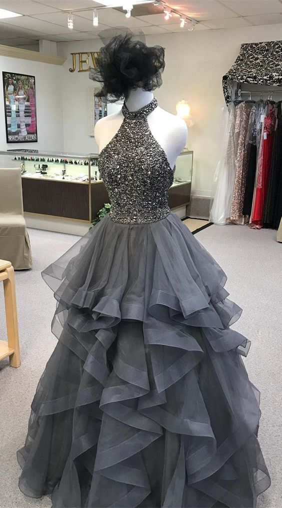 Sexy Ruffled Red Party Dresses,2018 High Neck Gray Prom Dresses With Open Back,backless Prom Dress,tulle Prom Dress