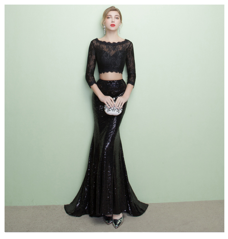 Black Lace Two Piece Prom Dresses With Long Sleeves, Formal Dresses, Graduation Party Dresses, Banquet Gowns