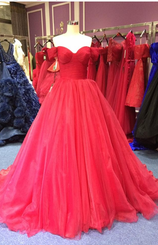 Red Super A-line Luxury Long Tulle Prom Gown,off The Shoulder Prom Dresses,v-neck Evening Gowns,formal Dresses