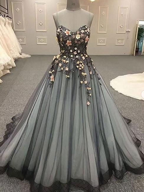 Ball Gown Prom Dresses Spaghetti Straps Lace Prom Dress Long Evening Dress