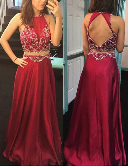 Elegant Two Piece Long Prom Dresses Evening Dresses with Beaded