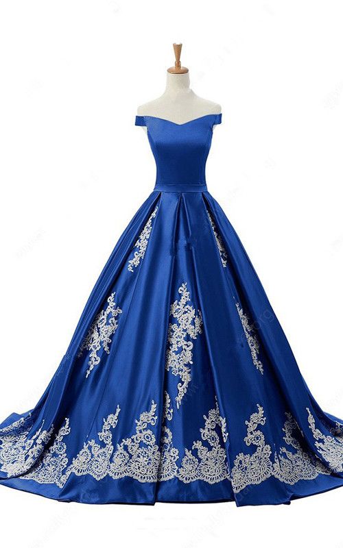 Off The Shoulder Satin Sweep Train Appliques Lace Princess Royal Blue Long Prom Dress