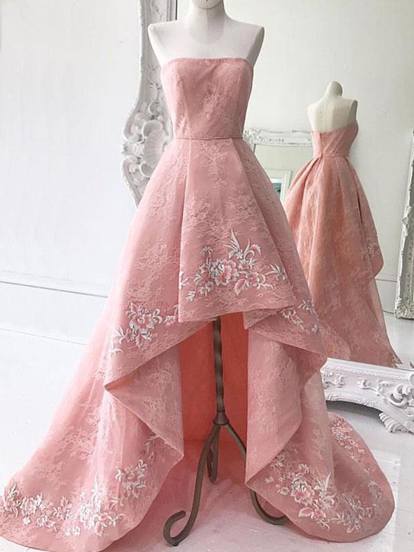 Pink High Low Prom Dresses Strapless Lace Formal Dress Evening Gowns