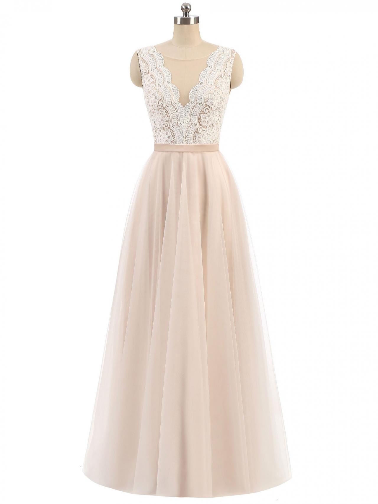 A-line Lace And Tulle Long Simple Formal Dresses Bridesmaid Dresses