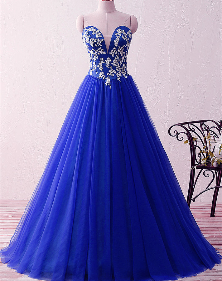 Royal Blue Sweetheart Appliques Beaded Evening Dresses Ball Gowns Floor Length 2019 Vintage