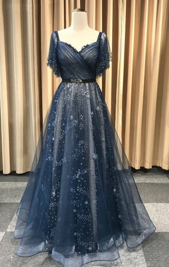 Gorgeous Deep Blue Lace Long A Line Prom Dress, Evening Dress With Sleeves