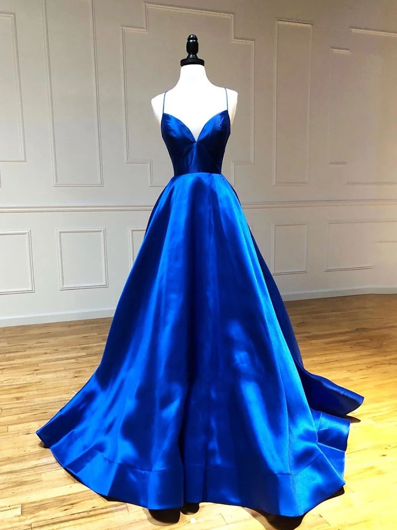 A-line Spaghetti Straps Royal Blue Long Prom Dresses Party Dresses 