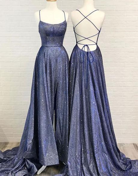 A-line Unique Backless Long Prom Dress Davy Blue Evening Dress
