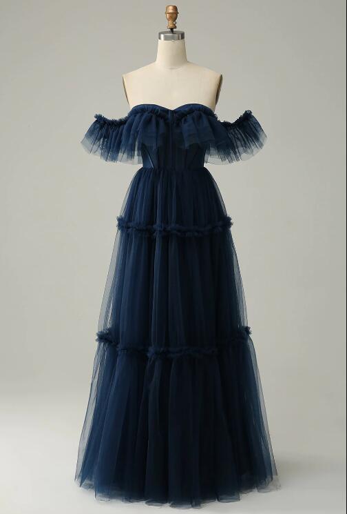 A-line Off The Shoulder Sweetheart Tulle Evening Dress Navy Long Prom Dress K-23424