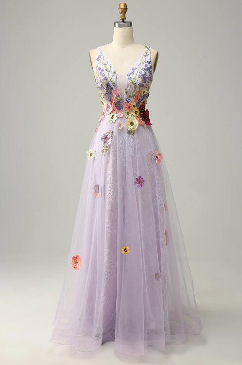 A Line Deep V Neck Lavender Long Prom Dress With Appliques F-4235