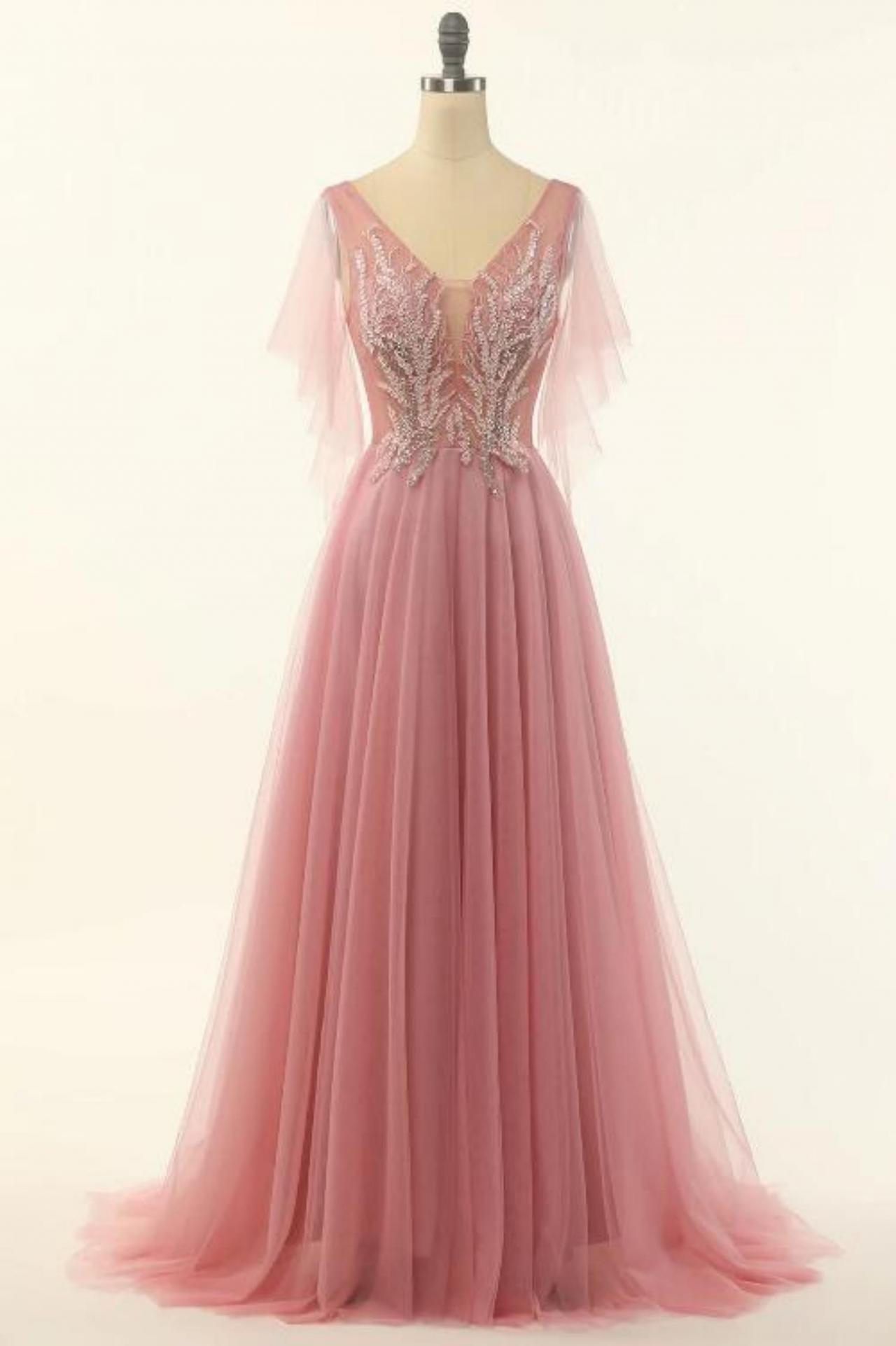 Blush Beading Tulle A-line Prom Dress