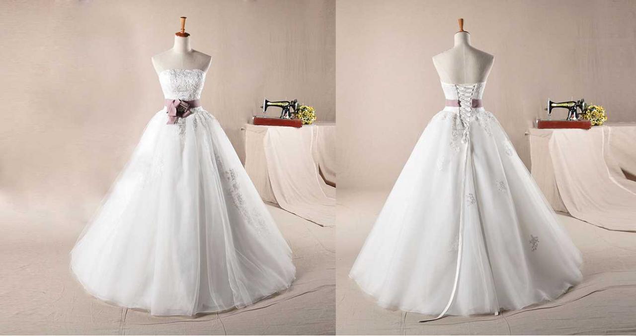 Strapless With Colored Belt A-line Organza Wedding Wedding Dress Bridal Dress Gown Wedding Gown Bridal Gown Lace Bridal Dress