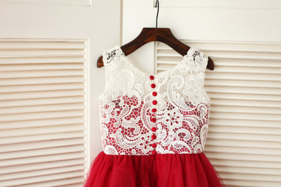 Ulass Red Tulle Ivory Lace Flower Girl Dress Children Toddler Dress For Wedding Junior Bridesmaid Dress