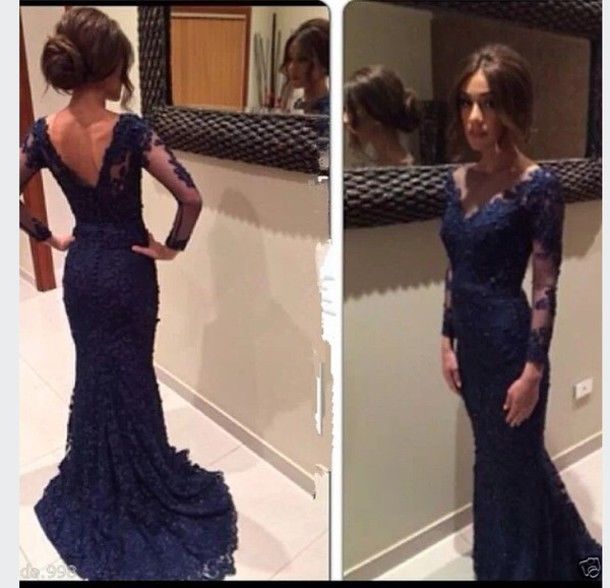 Prom, Navy Blue Lace Formal Dres on Luulla