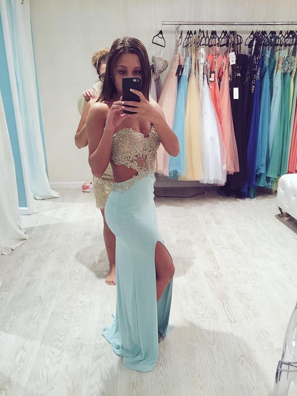 Backless Sky Blue Floral Lace Formal Prom Dress | Mermaid Evening Dress  with Court Train