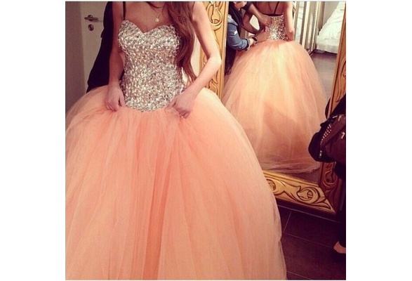 Ulass Coral Tulle Wedding Dresses, Ball Gown Long Prom Dresses, Sweetheart Sequined Top Formal Gowns, Strapless Lace Up Celebrity Dresses,