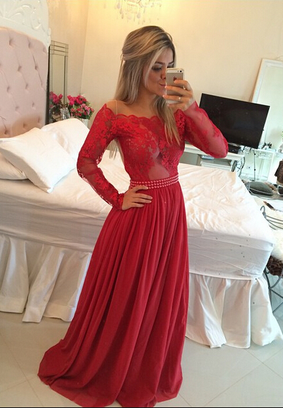 Ulass2016 Long Sleeves Prom Dresses Chiffon Pearls Beaded Red Fuchsia Sheer A-line Evening Gowns