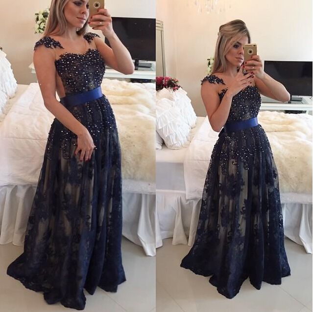 Ulass Dark Navy Blue Beaded Long Prom Dresses 2016 Lace Floor Length A-line Evening Gowns