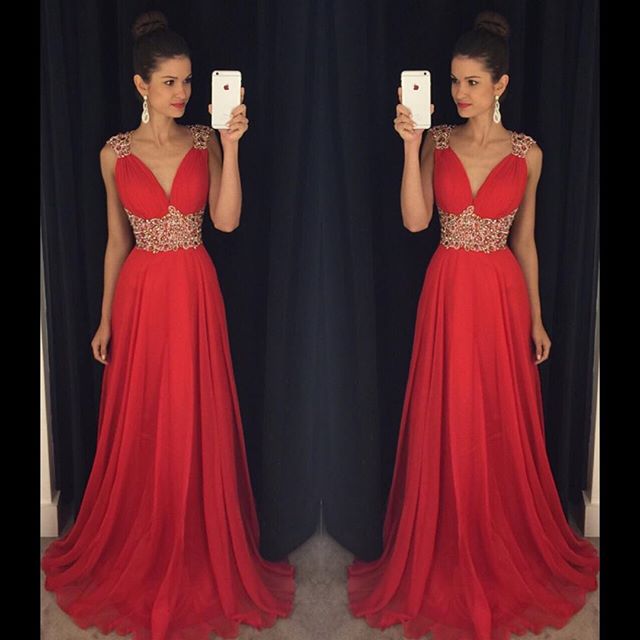 Ulass 2016 Red Long Prom Dresses V Neck Crystals Beaded Chiffon A-line Vintage Evening Gowns For Teens
