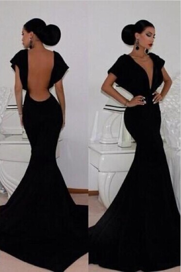 Ulass 2016 Black Mermaid Prom Dresses Deep V-neck Open Back Cap Sleeves Long Sexy Evening Gowns