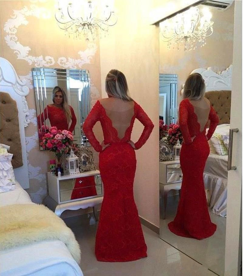 Ulass 2016 Long Sleeves Lace Mermaid Prom Dresses Red Scoop Neck Pearls Bow Sash Backless Long Evening Gowns