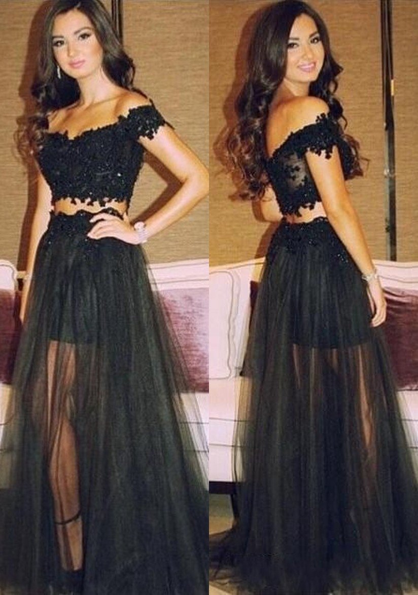 Ulass Black Lace Two Pieces Prom Dresses Off Shoulder Sheer Tulle Beaded Sexy Evening Gowns