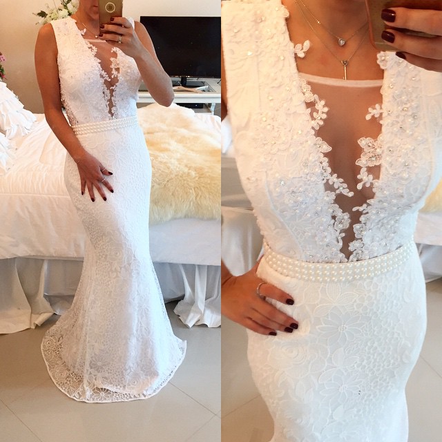Ulass 2016 White Lace Beaded Prom Dresses Sleeveless Mermaid Appliques Evening Gowns