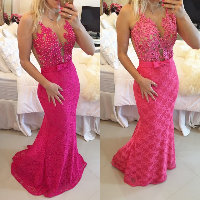 Ulasssexy Lace Mermaid Prom Dresses 2016 Illusion Sheer Tulle Sleeveless Evening Gowns