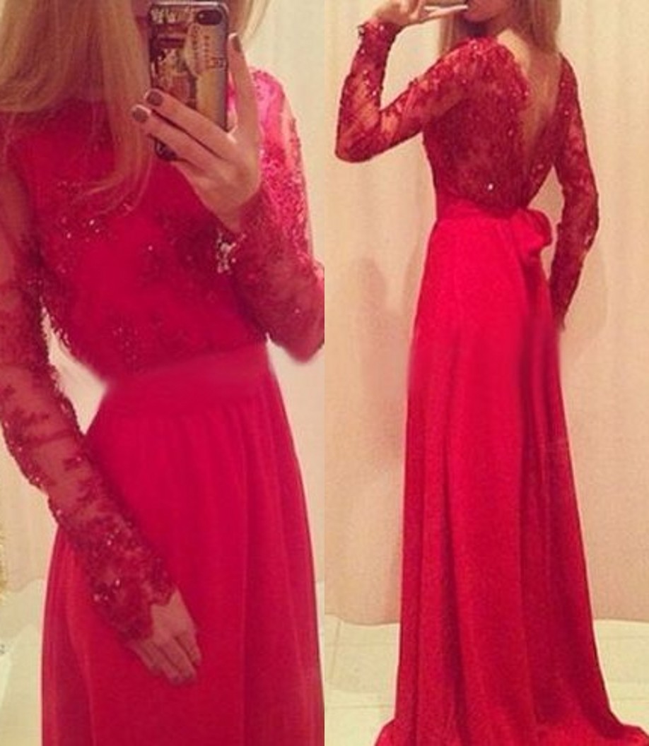 Ulass 2016 Red Long Prom Dresses Lace Beaded Long Sleeves With Bow Formal A-line Evening Gowns