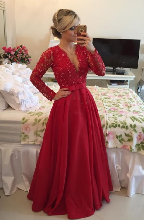 Ulass Red Long Sleeves Prom Dresses 2016 V Neck Lace Pearls Floor Length A-line Stunning Evening Gowns