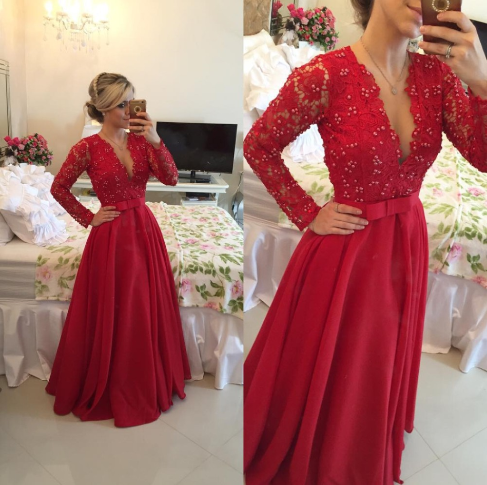 Ulass Red Long Sleeves Prom Dresses 2016 V Neck Lace Pearls Floor ...